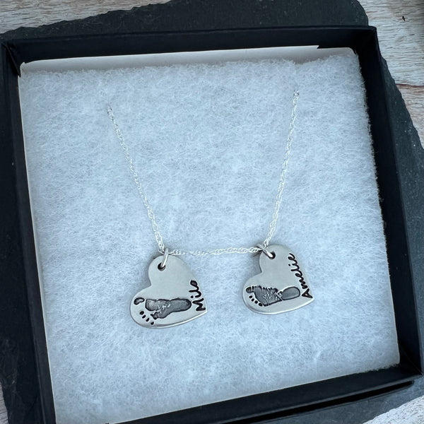 Double Hand/Foot Print Necklace (Heart) - Silver Magpie Fingerprint Jewellery
