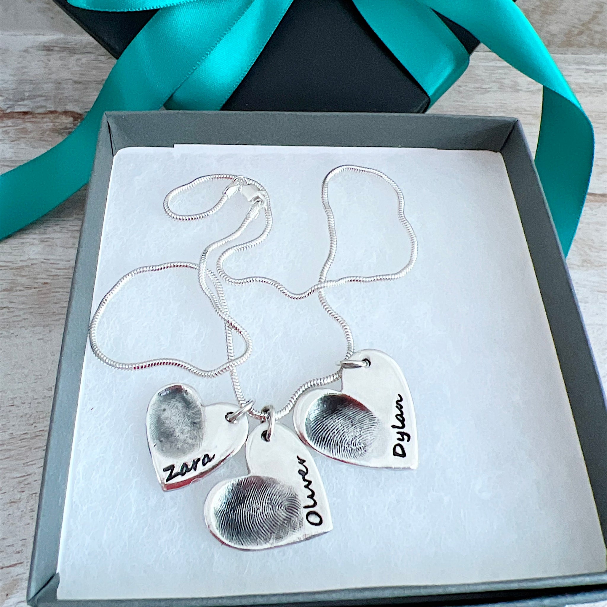 Triple Fingerprint Necklace (Heart) - Silver Magpie Fingerprint Jewellery