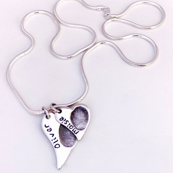 Double Fingerprint Necklace (Off-Set Heart) - Silver Magpie Fingerprint Jewellery