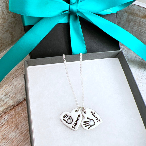 Double Hand/Foot Print Necklace (Heart) - Silver Magpie Fingerprint Jewellery