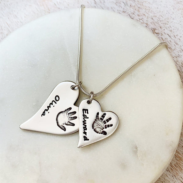 Double Hand & Foot Print Necklace (Off-Set Heart) - Silver Magpie Fingerprint Jewellery