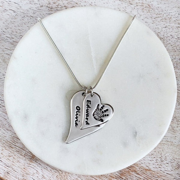 Double Hand & Foot Print Necklace (Off-Set Heart) - Silver Magpie Fingerprint Jewellery