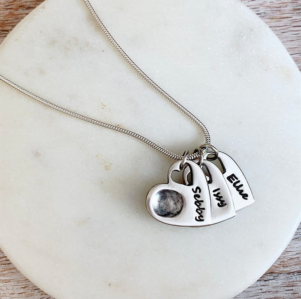 Triple Fingerprint Necklace (Tiny Heart) - Silver Magpie Fingerprint Jewellery