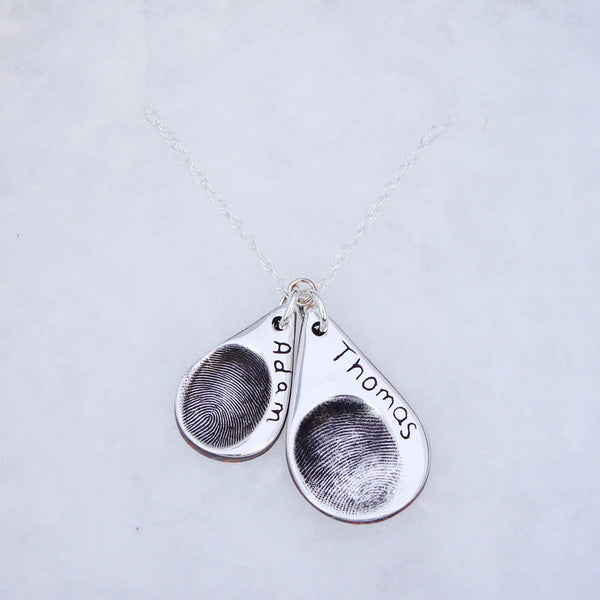Double Fingerprint Necklace (Teardrop) - Silver Magpie Fingerprint Jewellery