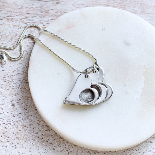 Triple Fingerprint Necklace (Offset Heart) - Silver Magpie Fingerprint Jewellery