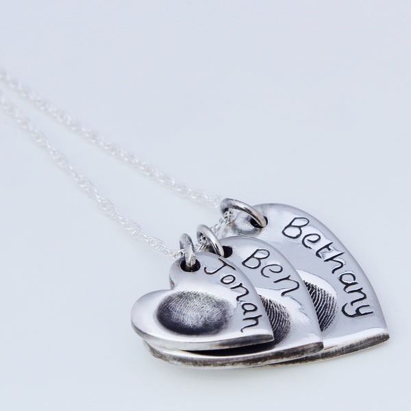 Triple Fingerprint Necklace (Heart) - Silver Magpie Fingerprint Jewellery