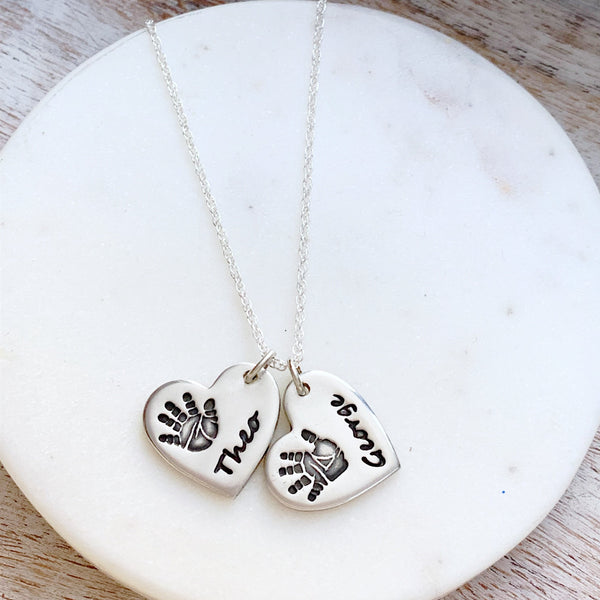 Double Hand & Foot Print Necklace (Heart) - Silver Magpie Fingerprint Jewellery