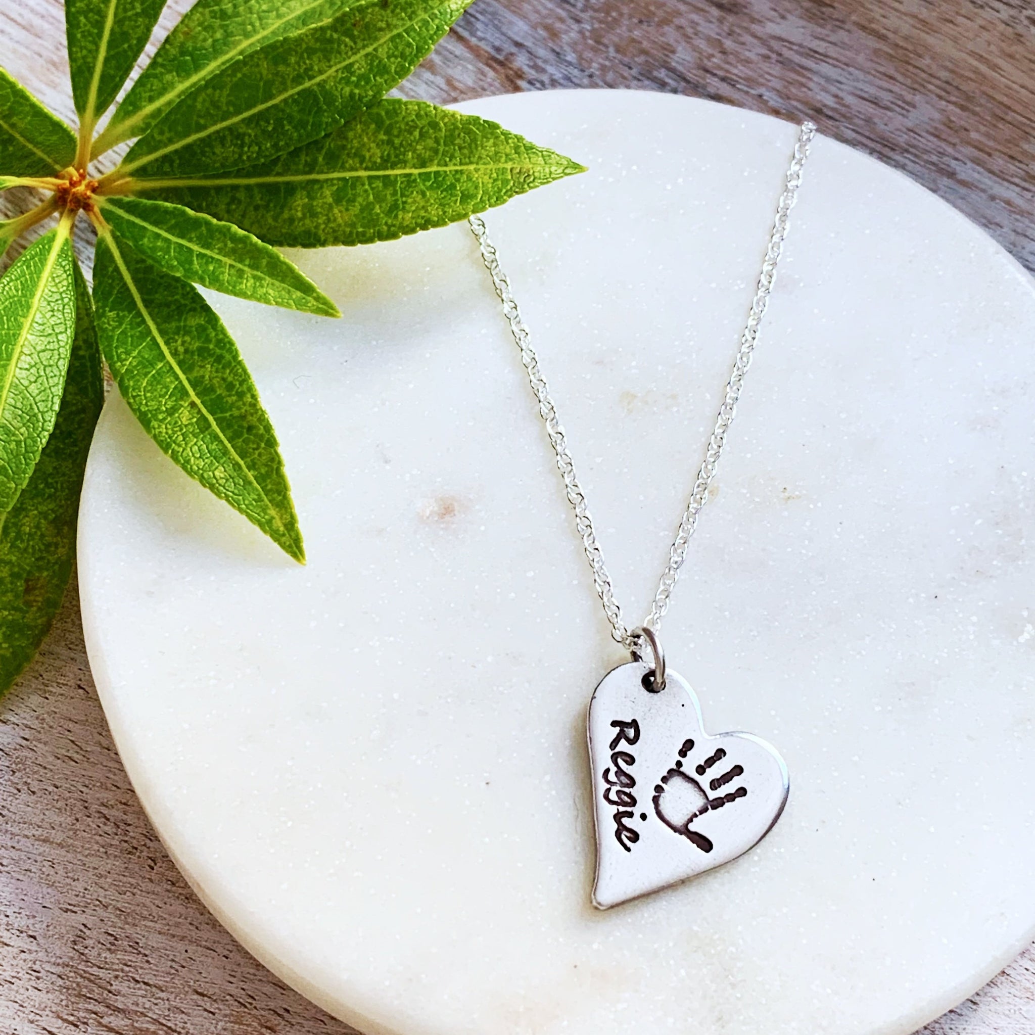 Handprint Necklace (Off-Set Heart) - Silver Magpie Fingerprint Jewellery