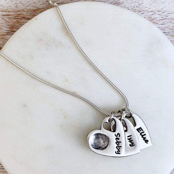 Triple Fingerprint Necklace (Tiny Heart) - Silver Magpie Fingerprint Jewellery