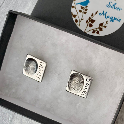 Groom Square Fingerprint Cufflinks - Silver Magpie Fingerprint Jewellery