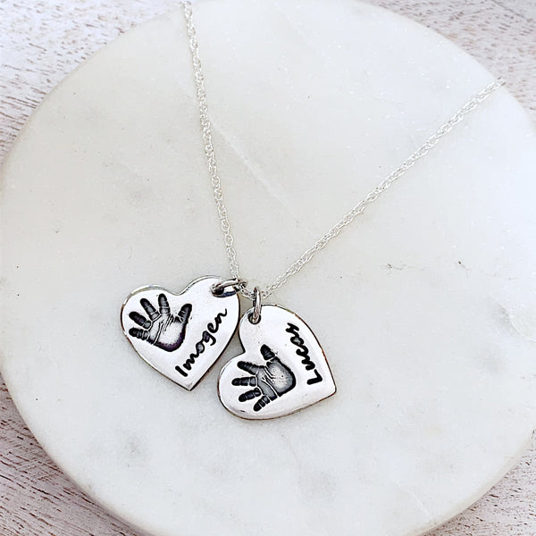 Double Hand & Foot Print Necklace (Heart) - Silver Magpie Fingerprint Jewellery