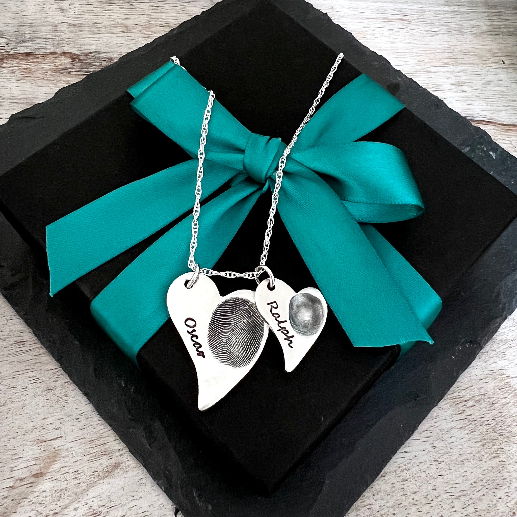 Double Fingerprint Necklace (Off-Set Heart) - Silver Magpie Fingerprint Jewellery