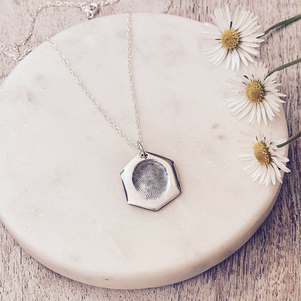 Fingerprint Necklace (Hexagon) - Silver Magpie Fingerprint Jewellery