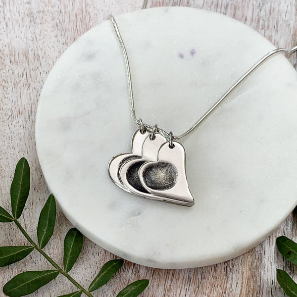 Triple Fingerprint Necklace (Offset Heart) - Silver Magpie Fingerprint Jewellery