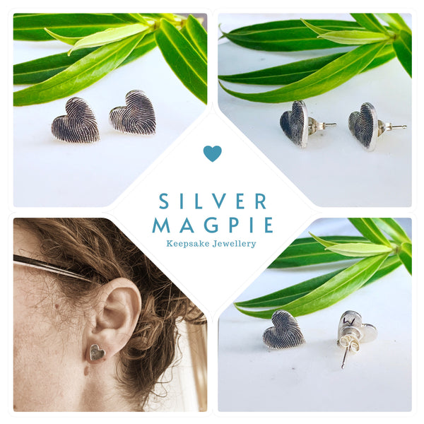 Fingerprint Earrings (Hearts) - Silver Magpie Fingerprint Jewellery